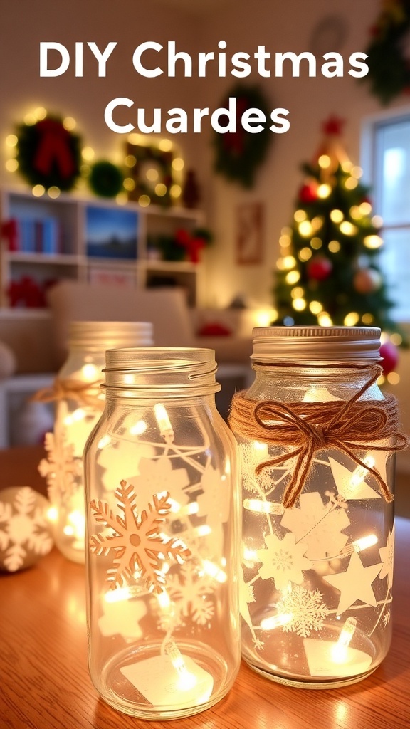 DIY Christmas decorations with string lights in jars, creating a warm festive ambiance.